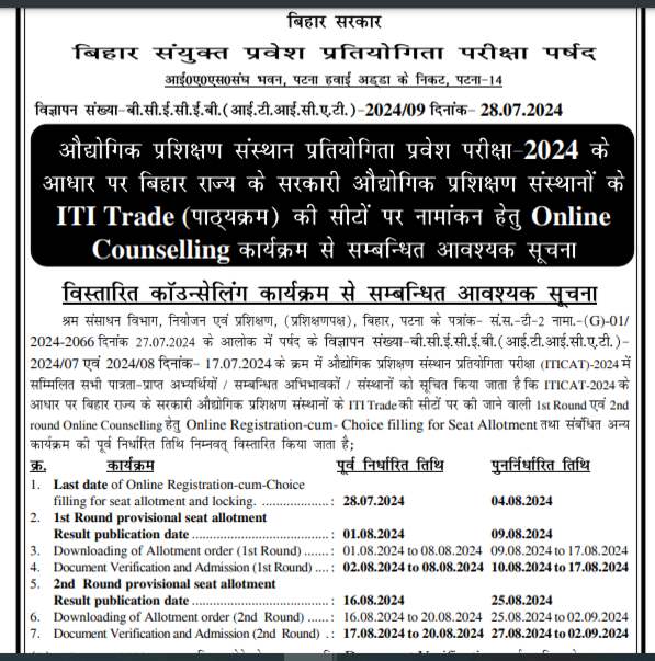 Bihar ITI Counselling 2024